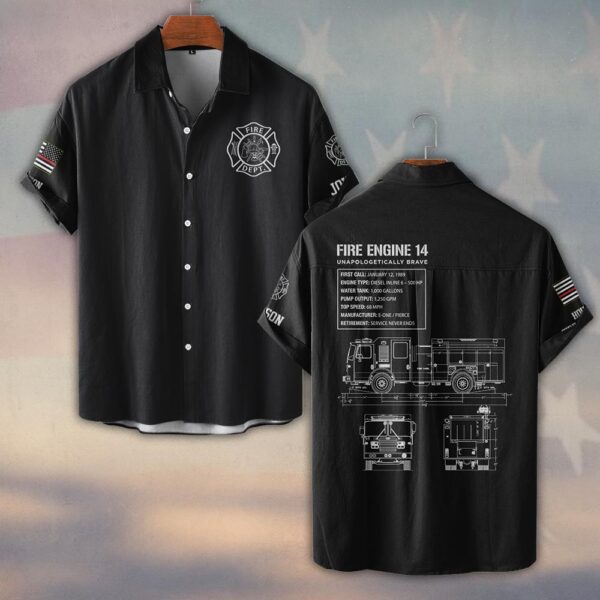 Custom Name & Department Fire Engine Blueprint – Unapologetically Brave #DQH0375 - Short Sleeve Button Shirt