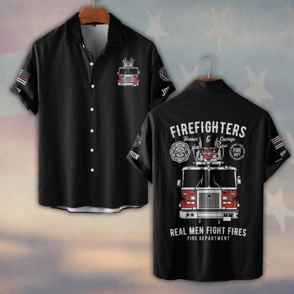 Custom Name & Fire Department Real Men Fight Fires #DQH0390 - Short Sleeve Button Shirt