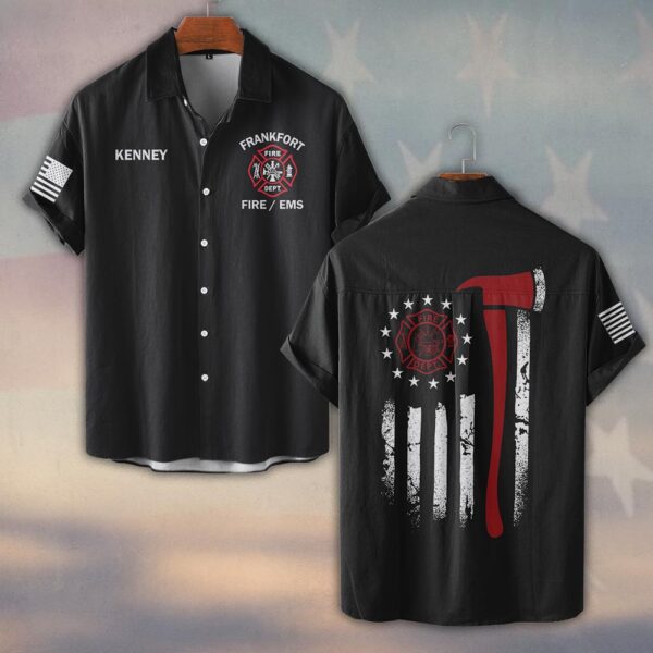 Custom Name & Department & City Red Line Axe Patriot Firefighter #DQH0398 - Short Sleeve Button Shirt