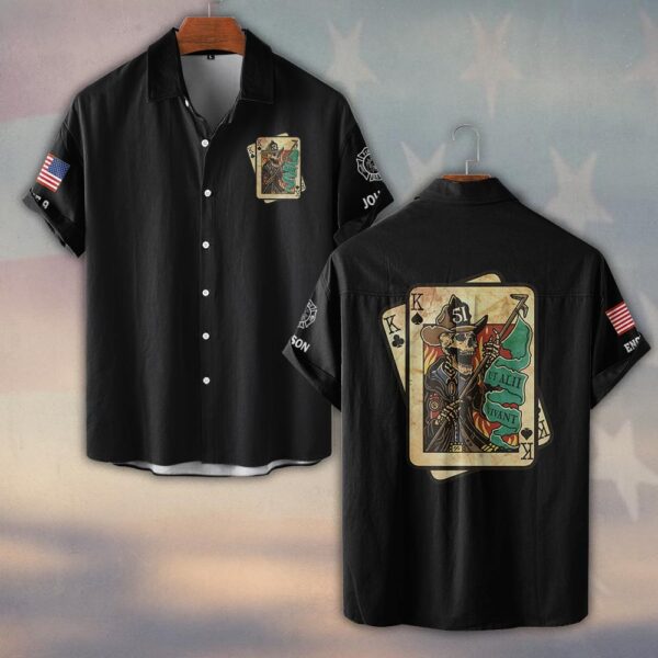 Custom Name & Text Ut Alii Vivant King Cards Firefighter #DQH0412 - Short Sleeve Button Shirt