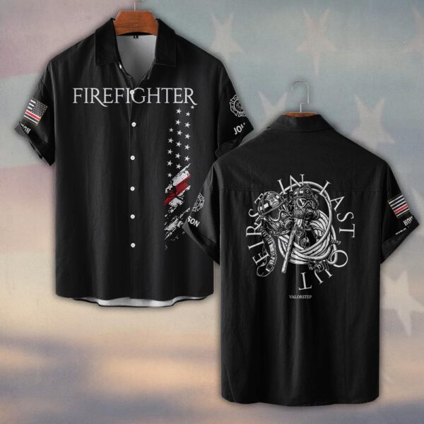 Custom Name & Text First In Last To Leave Firefighter #DQH0416 - Short Sleeve Button Shirt