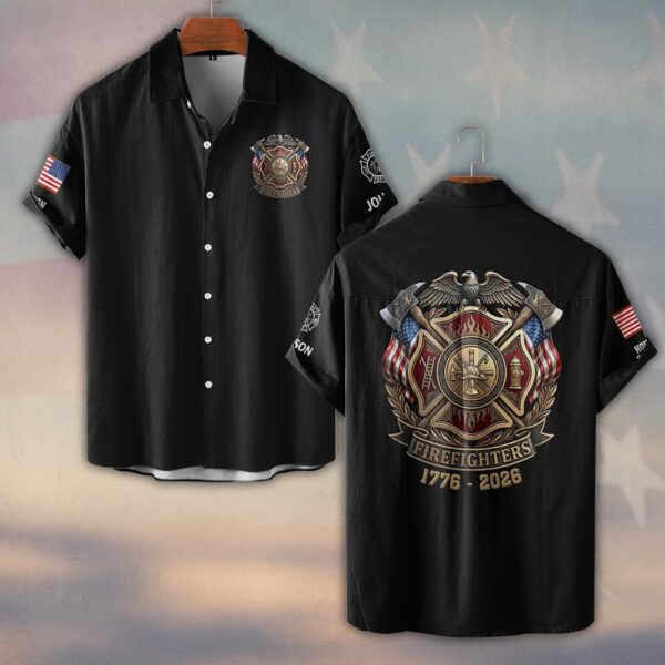 Custom Name & Fire Department USA Firefighter 1776 - 2006 #DQH0421 - Short Sleeve Button Shirt