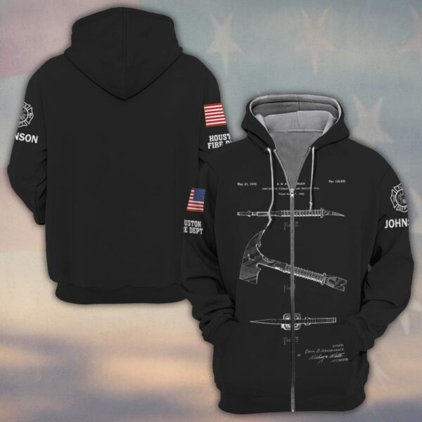 Custom Name & Fire Department Hook & Axe Blueprint Firefighter #DQH0422 - Zip Hoodie