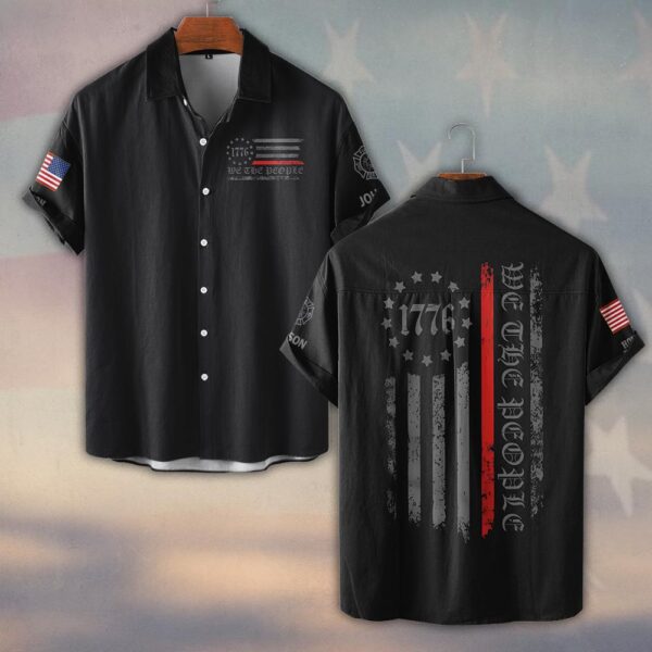 Custom Name & Fire Department We The People 1776 Red Line Firefighter #DQH0438 - Short Sleeve Button Shirt