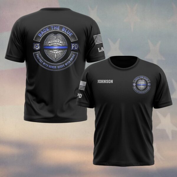 Custom Name & Department Back The Blue Protect With Honor First Responders #DQH0451 - T-shirt