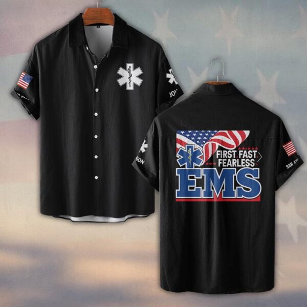 Custom Name & Department EMS First Fast & Fearless First Responders #DQH0473 - Short Sleeve Button Shirt
