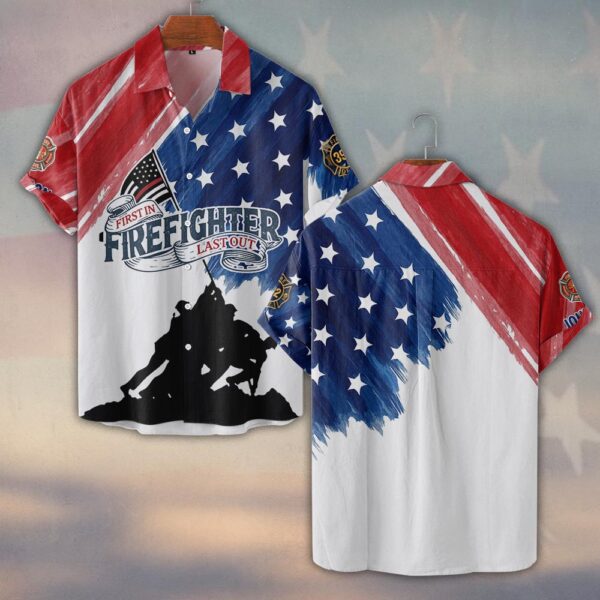 Custom Name & Department Firefighter First In Last Out America Edition #DQH0503 - Short Sleeve Button Shirt