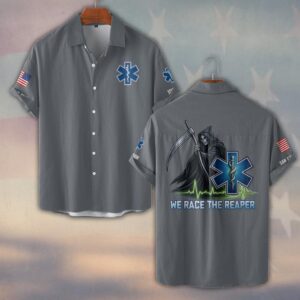 Custom Name & Department EMS We Race The Reaper First Responder #DQH0529 - Short Sleeve Button Shirt