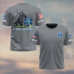 Custom Name & Department EMS We Race The Reaper First Responder #DQH0529 - T-shirt