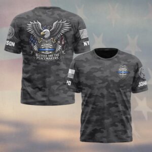 Custom Name & Station Blessed Are The Peacemakers Thin Blue Line Camo Law Enforcement #DQH0611 - T-shirt