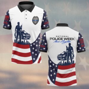 Custom Name & Station American Flag National Police Week Never Forgotten #DQH0618 - Polo