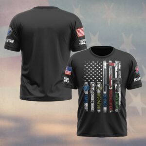 Custom Name & Department First Responders Flag And Gear First In Last Out #DQH0639 - T-shirt