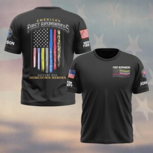 Custom Name & Department First Responders Flag Support Our Hometown Heroes #DQH0643 - T-shirt