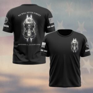 Custom Name & Department We Will Never Forget 343 Tribute September 11 25th Anniversary First Responders Gears #DQH0658 - T-shirt