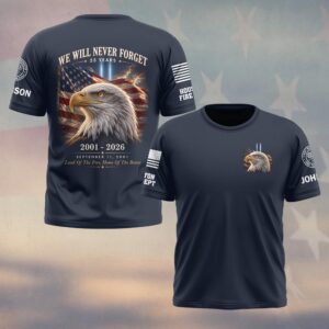 Custom Name & Department First Responders 9/11 25 Years Anniversary Home Of The Brave Eagle #DQH0770 - T-shirt