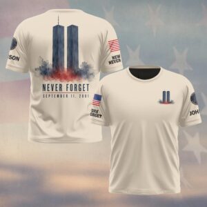 Custom Name 9/11 25 Years Anniversary Never Forget Watercolor Towers #DQH0867 - T-shirt