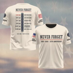 Custom Name 9/11 25 Years Anniversary Never Forget Timeline Of That Morning #DQH0870 - T-shirt