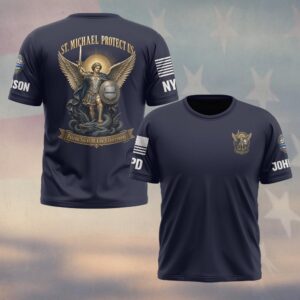 Custom Name & Station St. Michael Protect Us Archangel & Dragon Patron Saint Of Law Enforcement #DQH0875 - T-shirt