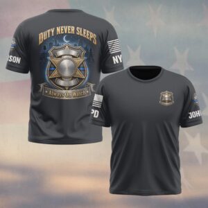Custom Name & Station Duty Never Sleeps Always On Watch Police Badge Law Enforcement #DQH0876 - T-shirt