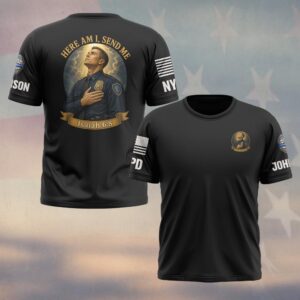 Custom Name & Station Here Am I Send Me Officer Looking To Heaven Isaiah 6:8 Law Enforcement #DQH0885 - T-shirt