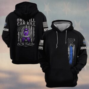 Custom Name & Station One Pill Can Kill On The Front Line Purple Ribbon Police Badge Law Enforcement #DQH0887 - Hoodie