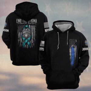 Custom Name & Station End The Stigma Reach Out Speak Up Teal Ribbon Police Badge Law Enforcement #DQH0888  - Hoodie