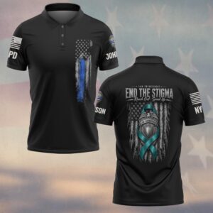 Custom Name & Station End The Stigma Reach Out Speak Up Teal Ribbon Police Badge Law Enforcement #DQH0888  - Polo
