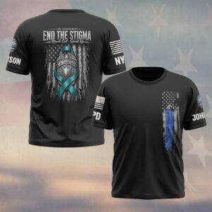 Custom Name & Station End The Stigma Reach Out Speak Up Teal Ribbon Police Badge Law Enforcement #DQH0888  - T-shirt