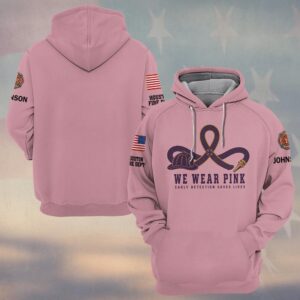Custom Name & Department We Wear Pink Early Detection Saves Lives Helmet Hose Ribbon Breast Cancer Awareness Firefighter #DQH0890 - Hoodie