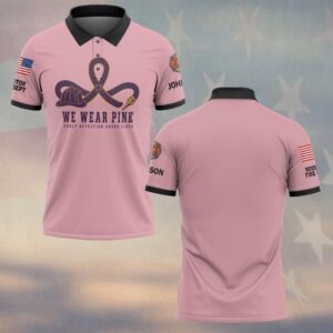 Custom Name & Department We Wear Pink Early Detection Saves Lives Helmet Hose Ribbon Breast Cancer Awareness Firefighter #DQH0890 - Polo