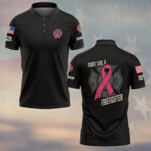 Custom Name & Department Fight Like A Firefighter Maltese Cross Pink Ribbon Breast Cancer Awareness #DQH0892 - Polo