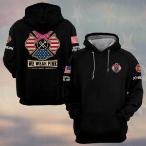 Custom Name & Department We Wear Pink American Flag Maltese Cross Breast Cancer Awareness Firefighter #DQH0893 - Hoodie
