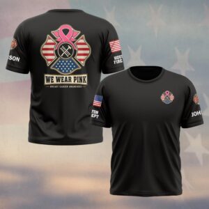 Custom Name & Department We Wear Pink American Flag Maltese Cross Breast Cancer Awareness Firefighter #DQH0893 - T-shirt