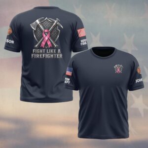 Custom Name & Department Fight Like A Firefighter Crossed Axe Pink Ribbon Breast Cancer Awareness #DQH0894 - T-shirt