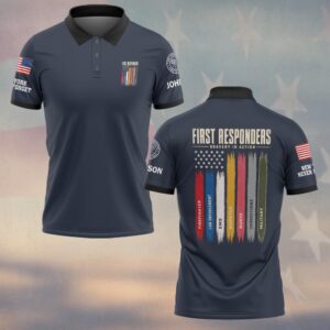 Custom Name & Department Bravery In Action Brushstroke American Flag Seven Service Lines First Responders #DQH0895 - Polo