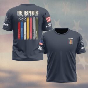 Custom Name & Department Bravery In Action Brushstroke American Flag Seven Service Lines First Responders #DQH0895 - T-shirt