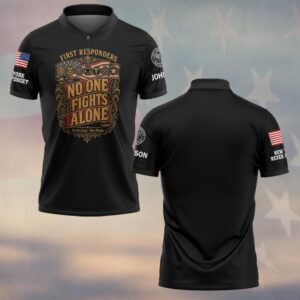 Custom Name & Department No One Fights Alone Seven Lines One Pledge Vintage Scroll Flag Banner First Responders #DQH0897 - Polo