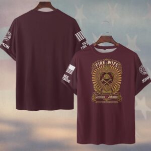 Custom Name & Department Home Is The Second Station Helmet And Crossed Axes In Heart Sunburst Fire Wife #DQH0912  - T-shirt