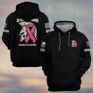 Custom Name & Station She Fights Like A Warrior Strength In Support Spartan Helmet Pink Ribbon Breast Cancer Awareness Law Enforcement #DQH0930 - Hoodie