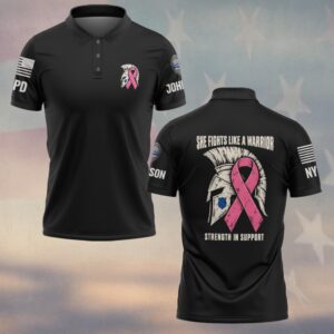 Custom Name & Station She Fights Like A Warrior Strength In Support Spartan Helmet Pink Ribbon Breast Cancer Awareness Law Enforcement #DQH0930 - Polo