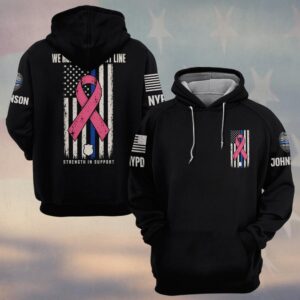 Custom Name & Station We Hold A Different Line Strength In Support Distressed Thin Blue Line Flag Pink Ribbon Breast Cancer Awareness Law Enforcement #DQH0932 - Hoodie