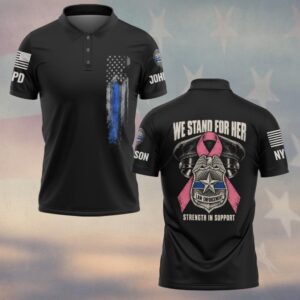 Custom Name & Station We Stand For Her Strength In Support Police Cap Eagle Badge Pink Ribbon Breast Cancer Awareness Law Enforcement #DQH0934 - Polo