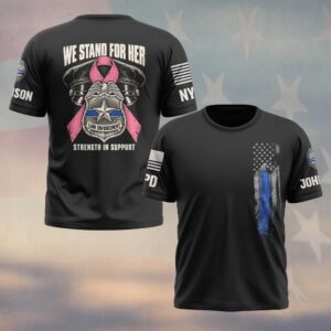 Custom Name & Station We Stand For Her Strength In Support Police Cap Eagle Badge Pink Ribbon Breast Cancer Awareness Law Enforcement #DQH0934 - T-shirt