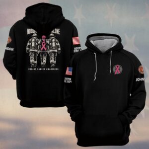 Custom Name & Department Nobody Walks It Alone Two Firefighters Walking Her Home Pink Ribbon Breast Cancer Awareness #DQH0941 - Hoodie