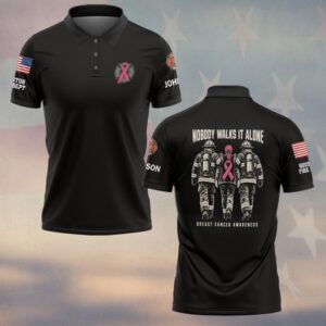 Custom Name & Department Nobody Walks It Alone Two Firefighters Walking Her Home Pink Ribbon Breast Cancer Awareness #DQH0941 - Polo