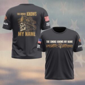 Custom Name & Department The Smoke Knows My Name Skull In Leather Helmet And Smoke Firefighter #DQH0951 - T-shirt