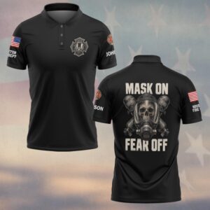 Custom Name & Department Mask On Fear Off Skull In Full Face Air Mask And Crossed Air Tanks Firefighter #DQH0952 - Polo