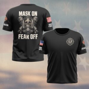 Custom Name & Department Mask On Fear Off Skull In Full Face Air Mask And Crossed Air Tanks Firefighter #DQH0952 - T-shirt