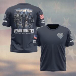 Custom Name & Department We Walk In Together Firefighter Police Officer EMS Walking Toward City Skyline First Responders #DQH0954 - T-shirt