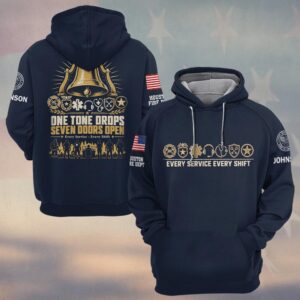 Custom Name & Department One Tone Drops Seven Doors Open Gold Fire Bell Seven Service Emblems Silhouette Lineup First Responders #DQH0956 - Hoodie